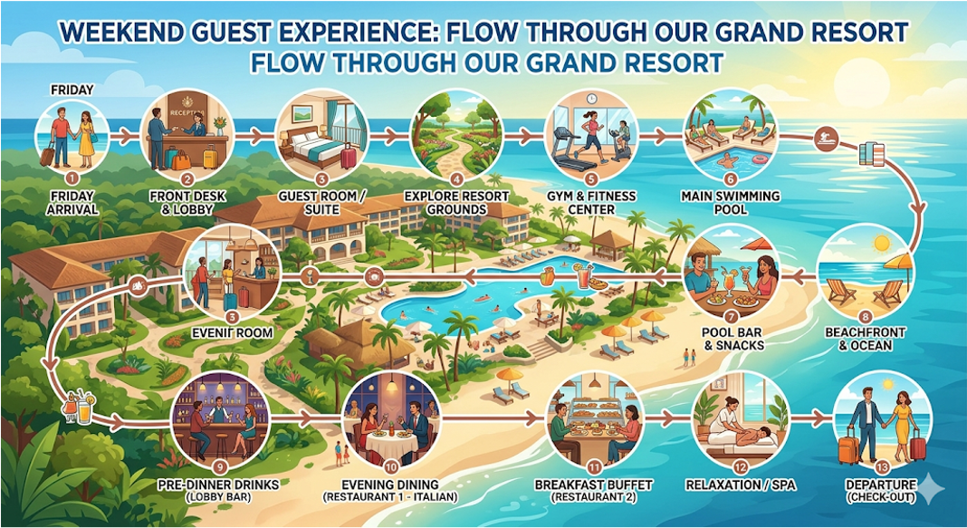 Customer journey de un resort hotel durante un fin de semana